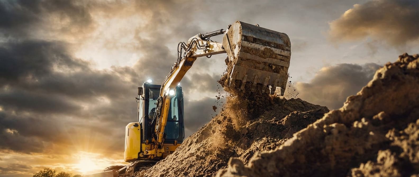 Excavator moving dirt at sunset
